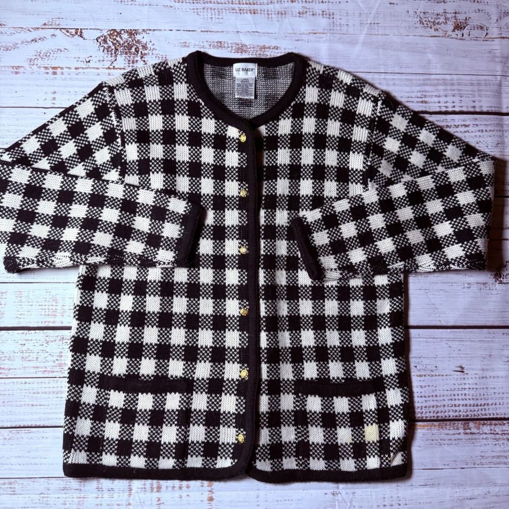 Liz Baker Women Large Black White Gingham Cardigan Gold Button Knit Sweater L